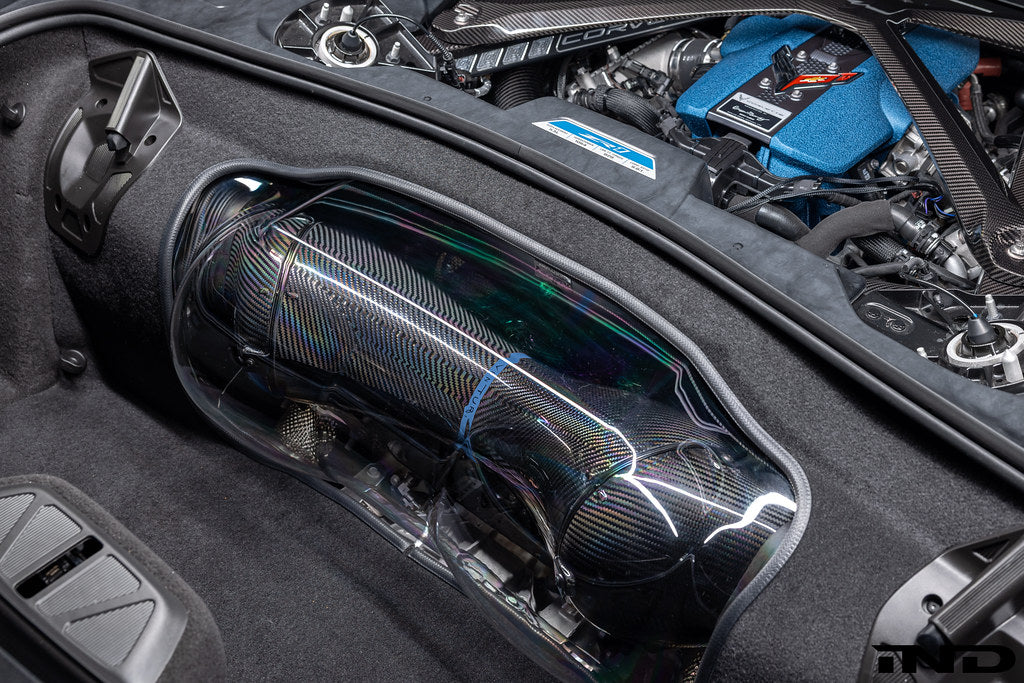 Eventuri Chevrolet Corvette C8 ZR1 hard-top convertible black carbon intake system installed, showcasing performance-oriented design.