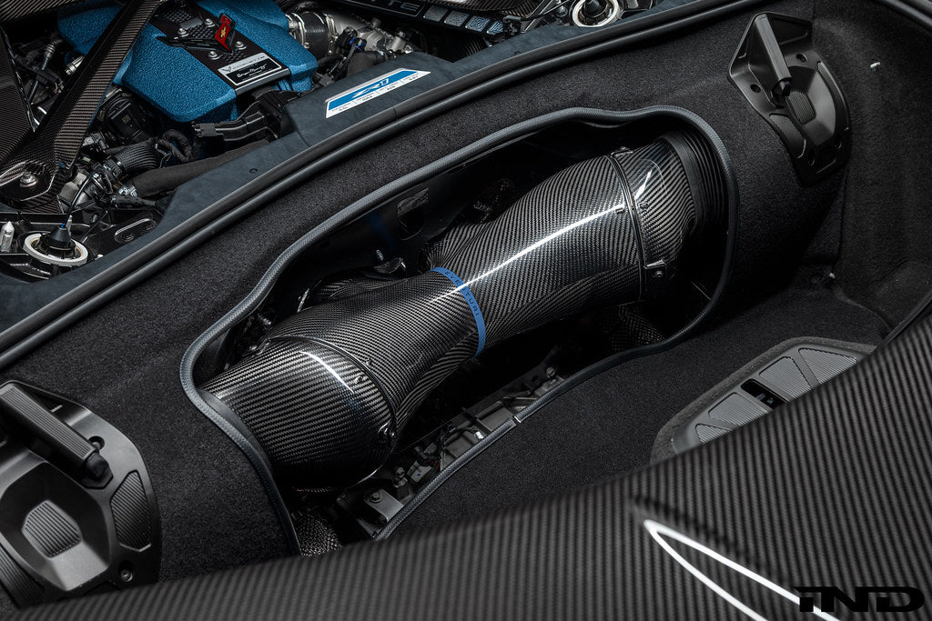Eventuri Chevrolet Corvette C8 ZR1 hard-top convertible black carbon performance intake system installed on the engine.