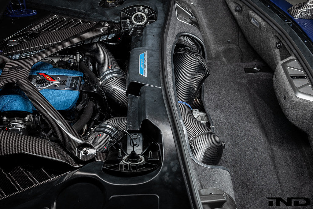 Eventuri Chevrolet Corvette C8 ZR1 hard-top convertible black carbon intake system installed, showcasing sleek performance design.