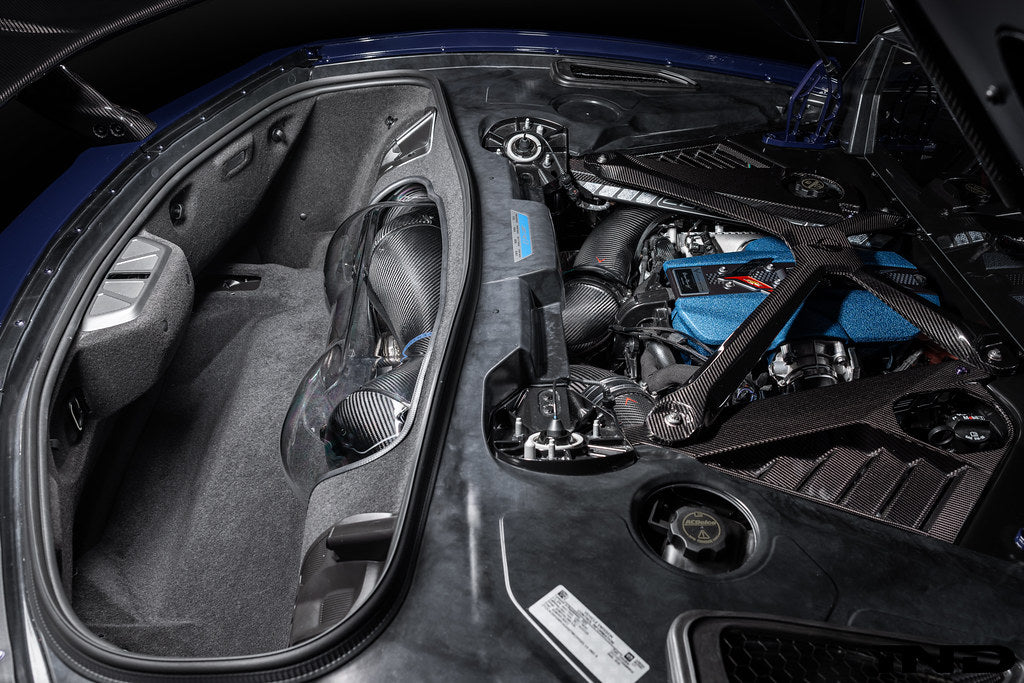 Eventuri Chevrolet Corvette C8 ZR1 hard-top convertible black carbon intake system installed, showcasing sleek performance intake components.