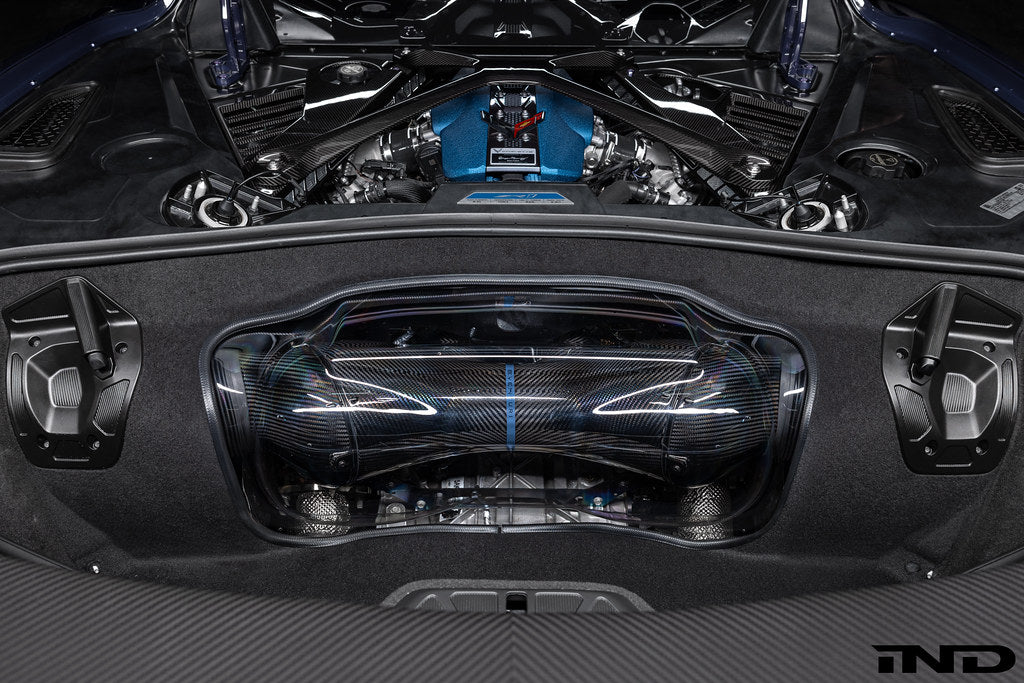 Eventuri Chevrolet Corvette C8 ZR1 hard-top convertible black carbon intake system installed, showcasing performance air intake on engine.