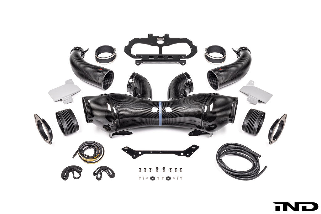 Eventuri Chevrolet Corvette C8 ZR1 hard-top convertible black carbon intake system on a white background.