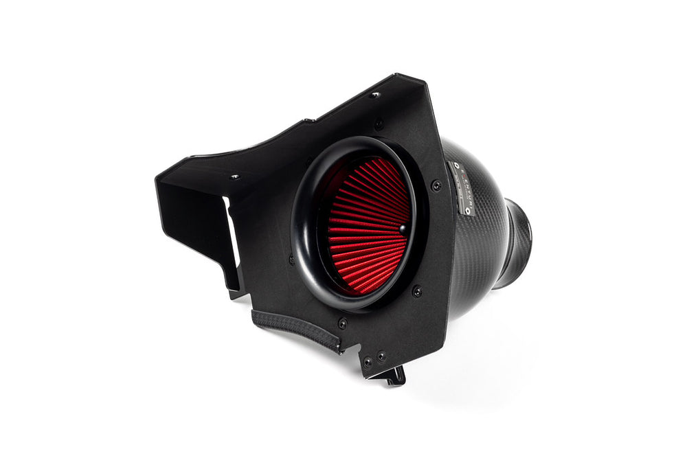 Eventuri carbon intake housing showing the patented reverse-mounted filter design installed inside the carbon fiber Venturi housing.