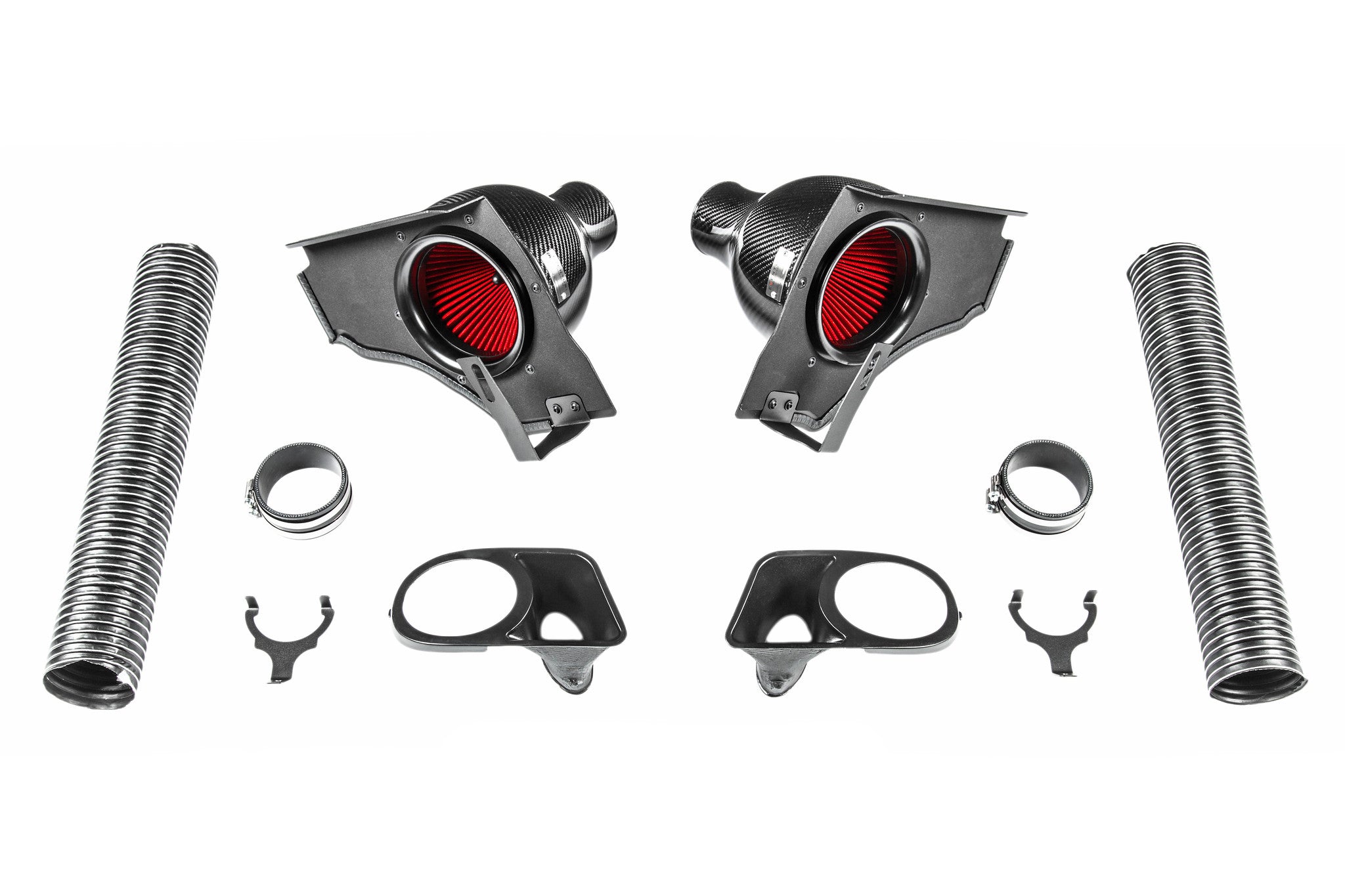 Eventuri BMW E39 M5 carbon intake system components laid out on white background showing all kit parts