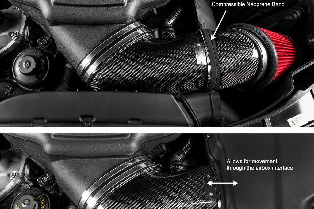 Eventuri BMW E9X M3 S65 black carbon performance intake system installed in engine bay.