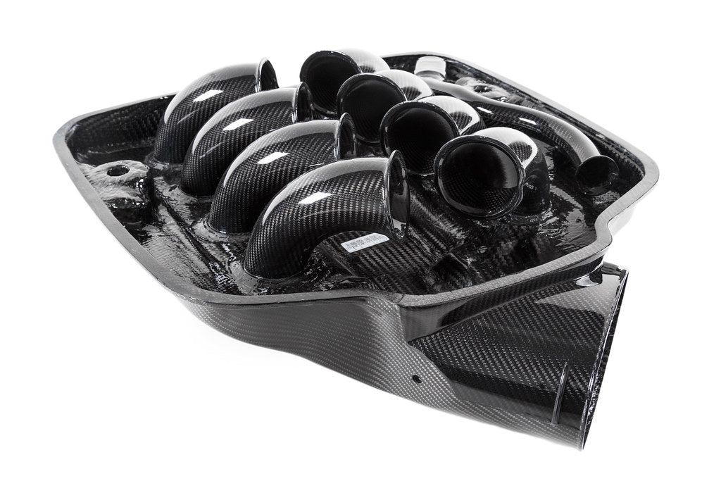 Eventuri black carbon inlet plenum for BMW E9X M3 S65 engine, glossy finish, performance upgrade, detailed view on white background