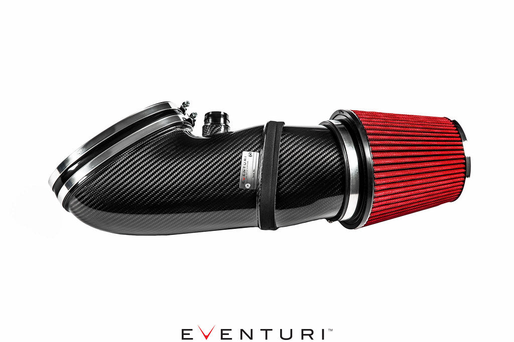 Eventuri BMW E9X M3 S65 black carbon intake system with gloss finish, showcasing sleek performance design on a white background.