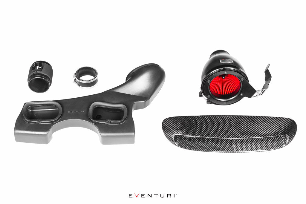 Eventuri F56 Mini Cooper S plastic intake with carbon scoop, showcasing performance air intake system on a white background.