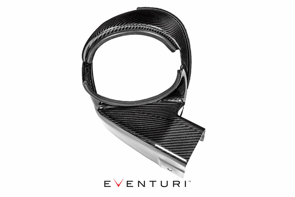 Eventuri black carbon intake system for BMW F87 M2 Competition and M2 CS with performance design and white accents.