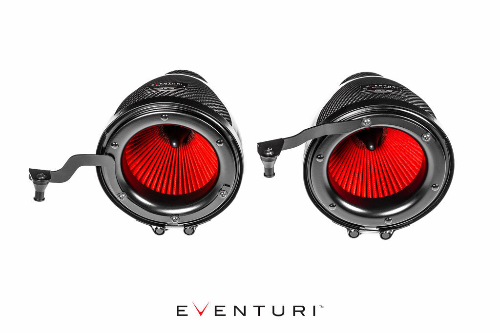 Eventuri black carbon intake system for BMW F87 M2 Competition and M2 CS with white filter elements and performance design.