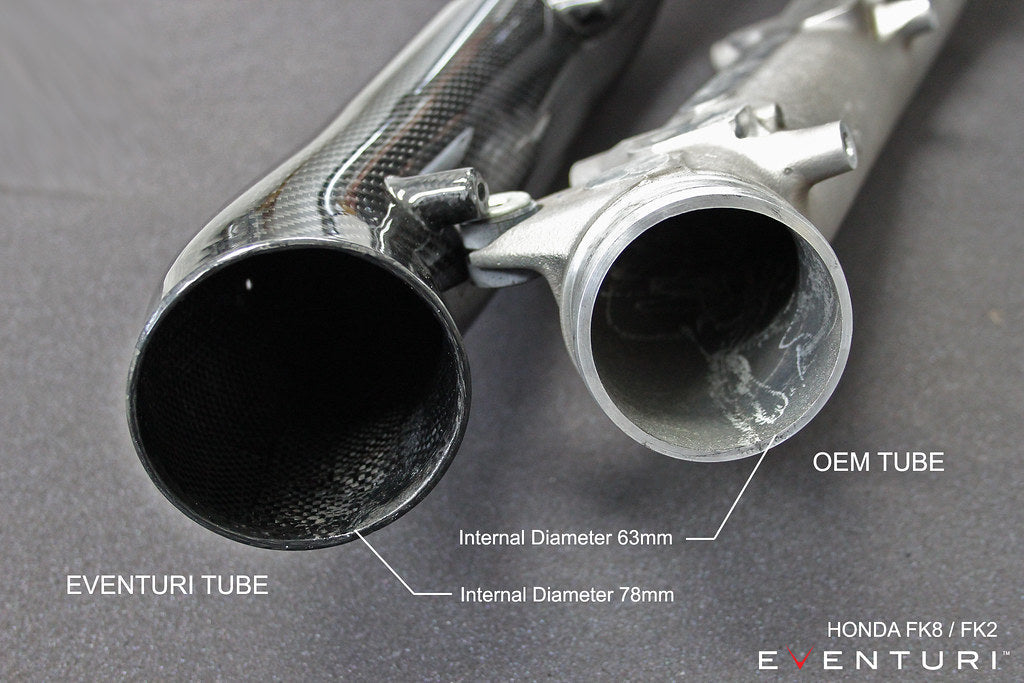 Side-by-side comparison of Eventuri FK8 Type R V3 carbon turbo inlet tube next to the factory stock turbo inlet tube