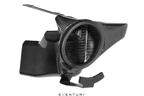 Eventuri pre-preg carbon fiber air ducts for the BMW G8X M2 M3 M4 intake system shown on a white background designed for sealed cold air delivery and OEM-level fitment