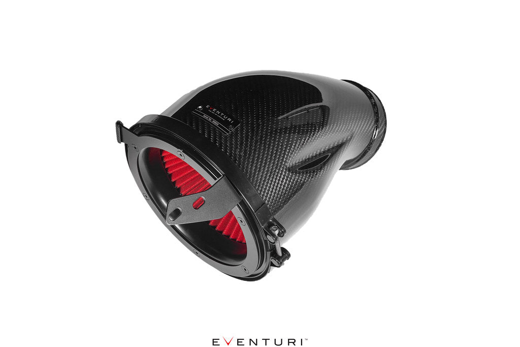 Eventuri carbon fiber filter housing assembly for BMW G8X M2 M3 M4 intake system shown on a white background