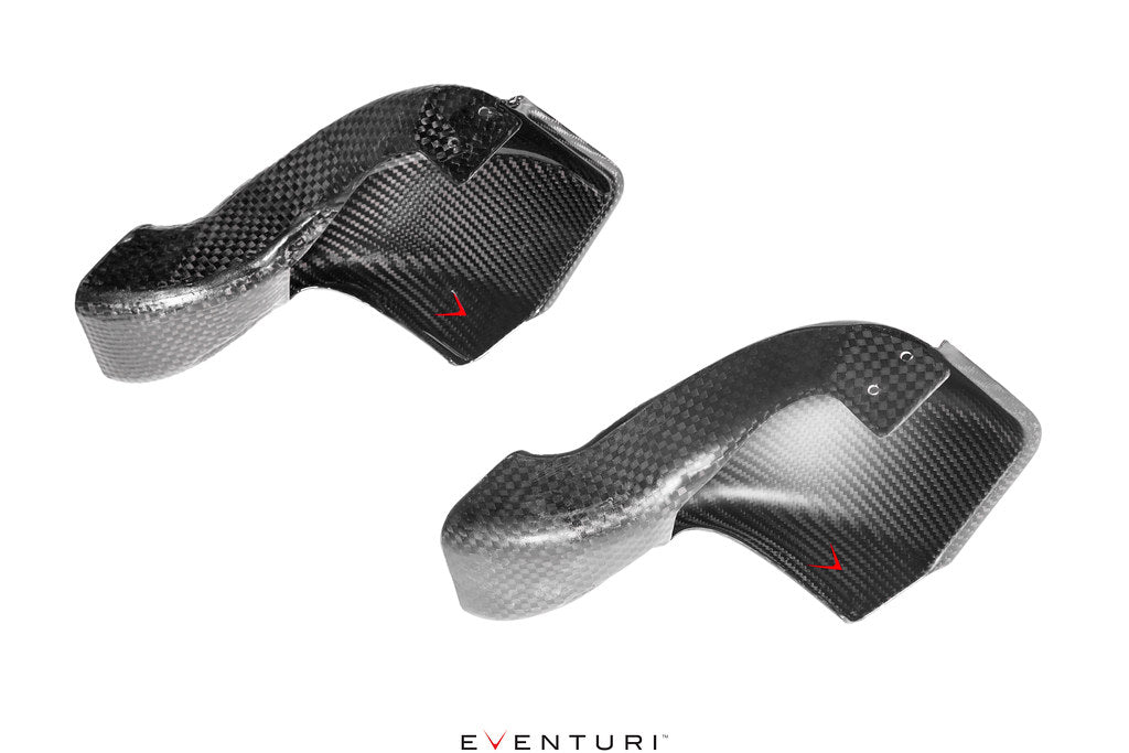 Eventuri BMW G8X M3 M4 black carbon intake scoop set, showing gloss and matte finishes on performance air intake components.