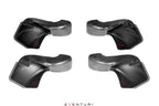 Eventuri black carbon intake scoop set for BMW G8X M3 and M4, showcasing gloss and matte finish options.