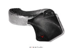 Eventuri BMW G8X M3 M4 black carbon intake scoop set, performance car accessory with glossy white finish in close-up image.
