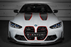 Eventuri black carbon intake scoop set installed on BMW G8X M3 and M4, showcasing performance enhancement and sleek design.