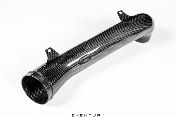 Eventuri carbon fiber main intake tube for the BMW G8X M2 M3 M4 intake system shown on a white background featuring an optimized high-flow internal design
