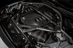 Eventuri gloss carbon CSL strut brace installed on BMW G8X M3 S58 engine bay