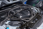 Eventuri gloss carbon CSL strut brace installed on BMW G8X M3 S58 engine bay