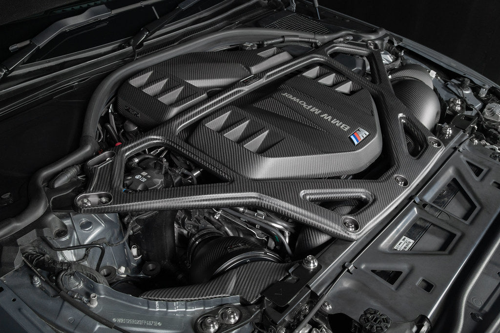 Eventuri matte carbon CSL strut brace installed on BMW G8X M2 M3 M4 engine bay