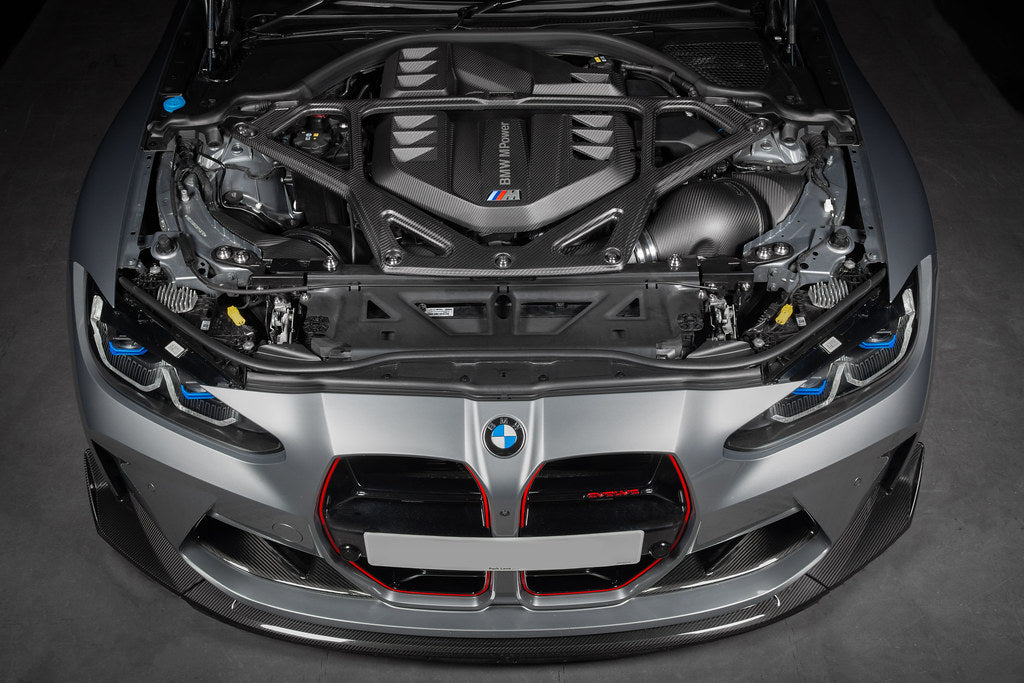 Eventuri matte carbon CSL strut brace installed on BMW G8X M2 M3 M4 engine bay