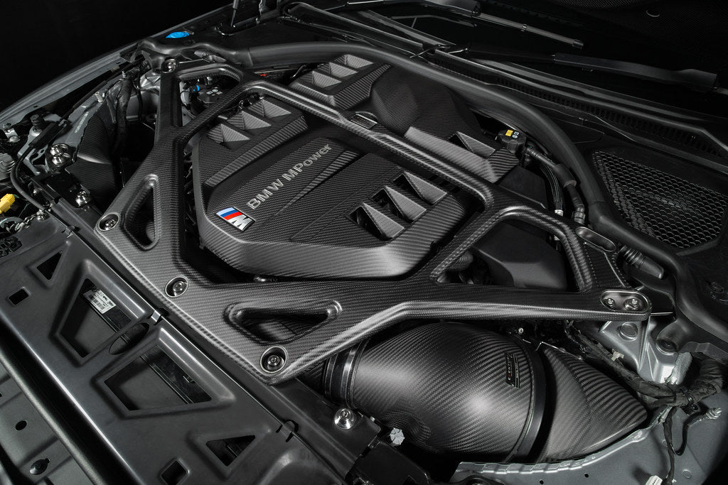 Eventuri matte carbon CSL strut brace installed on BMW G8X M2 M3 M4 engine bay