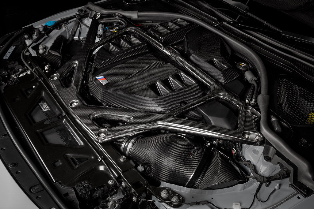Eventuri matte carbon intake system V2 installed on BMW G8X M2 M3 M4 S58 engine bay