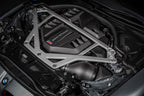 Eventuri black carbon intake system installed in engine bay for BMW G8X M2 M3 M4 models, showcasing performance air intake setup.