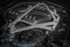 Eventuri black carbon engine cover installed in engine bay for G8X M2, M3, M4 S58 models, showcasing matte finish and sleek design.