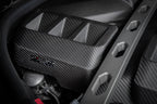 Eventuri black carbon engine cover installed in engine bay for G8X M2, M3, M4 with S58 engine, matte finish, exterior upgrade.
