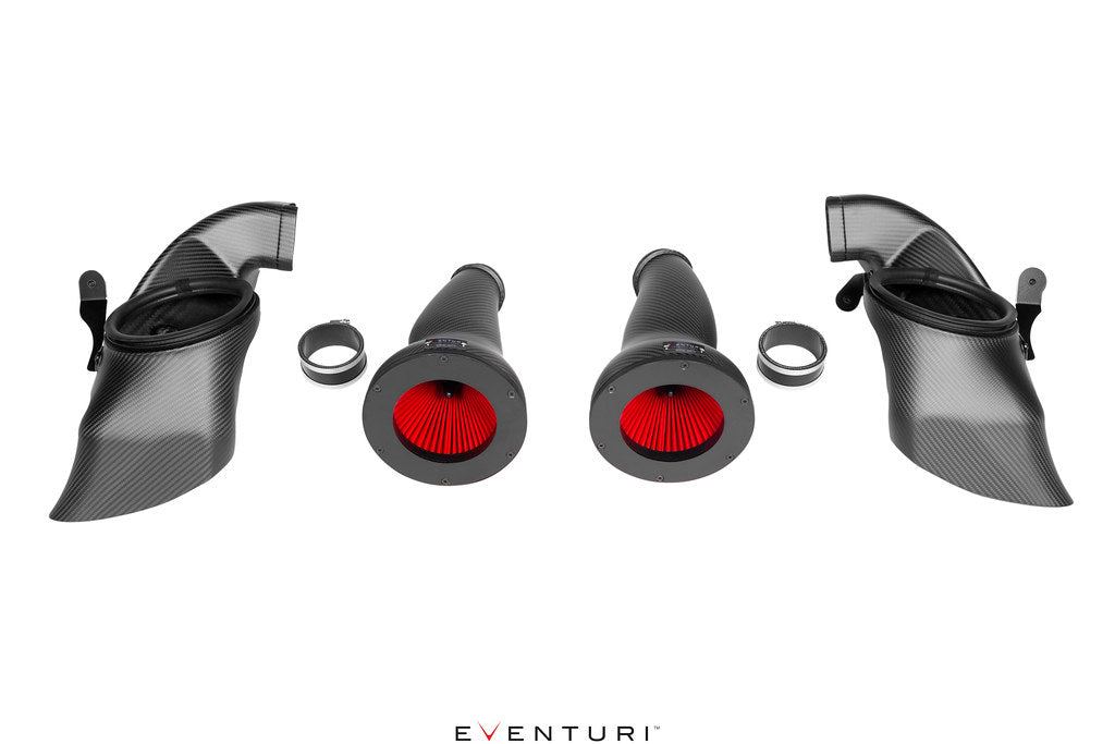 Carbon fiber car parts with red centers on a white background, featuring the Eventuri logo.