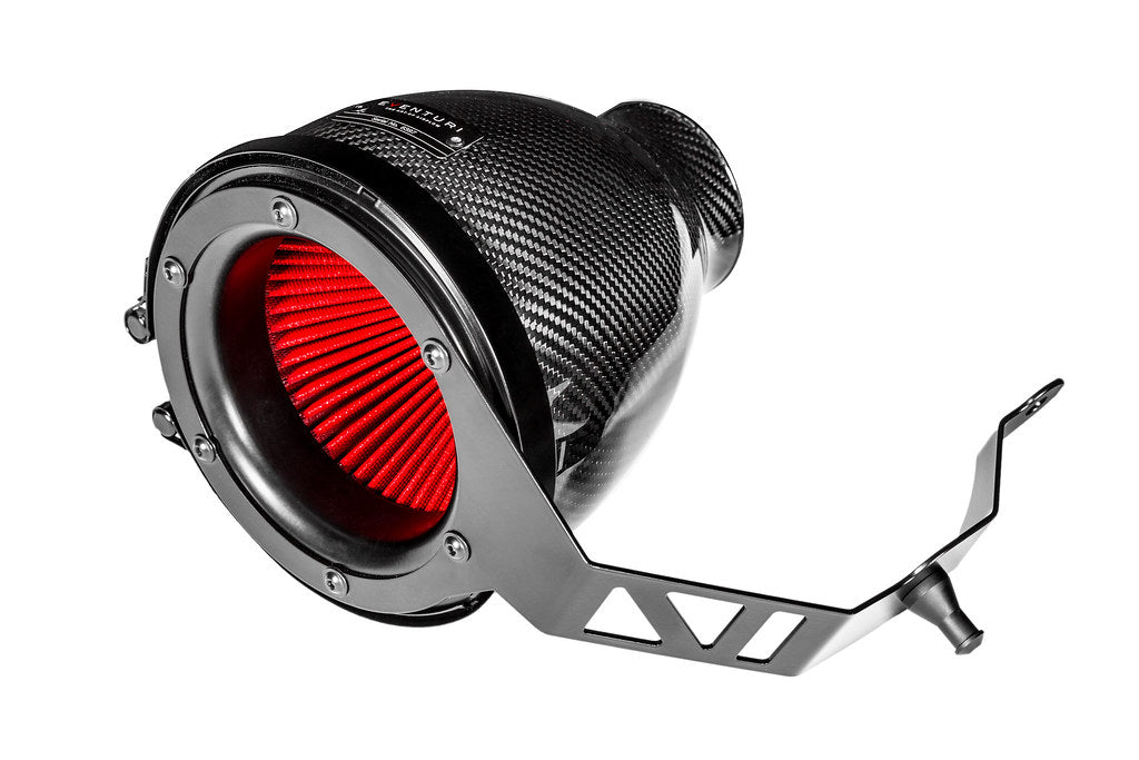 Eventuri F56 Mini Cooper S carbon intake with performance filter housing, showcasing the sleek carbon fiber construction.