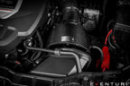 Close-up of Eventuri Audi 8X S1 Carbon Intake System installed, showcasing the performance air intake with sleek carbon fiber design.