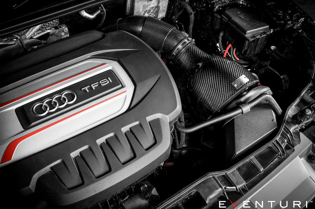 Eventuri Audi 8X S1 carbon intake system with high-performance air filters, shown from a reverse angled view.