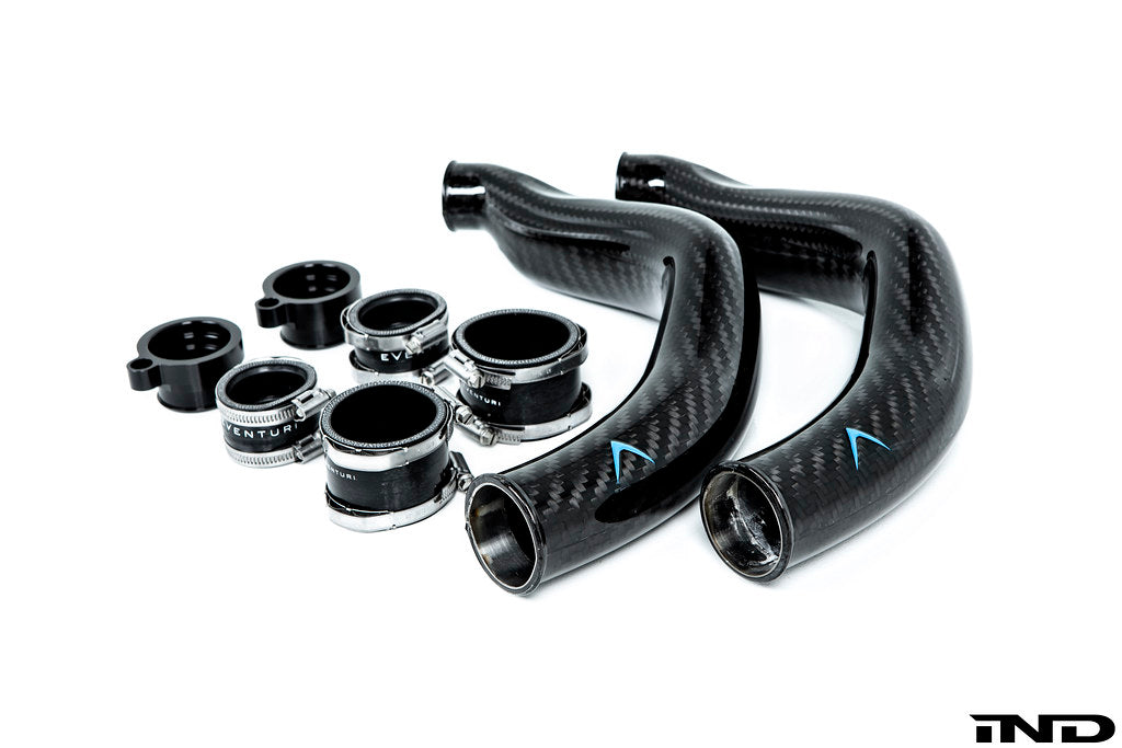 Eventuri gloss carbon charge pipe set for BMW S55 M2 Competition M3 M4 on white background