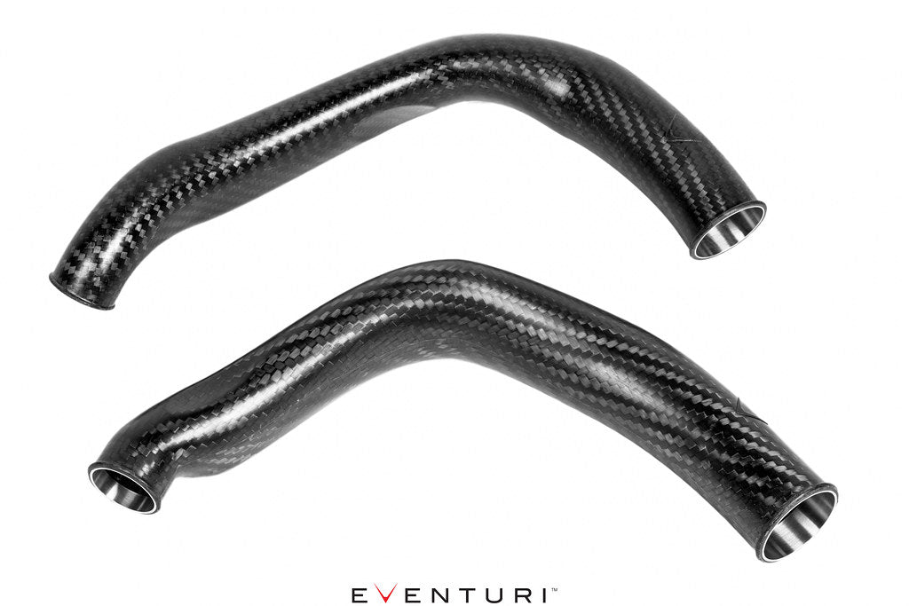Eventuri matte carbon charge pipe set for BMW S55 M2 Competition M3 M4 on white background