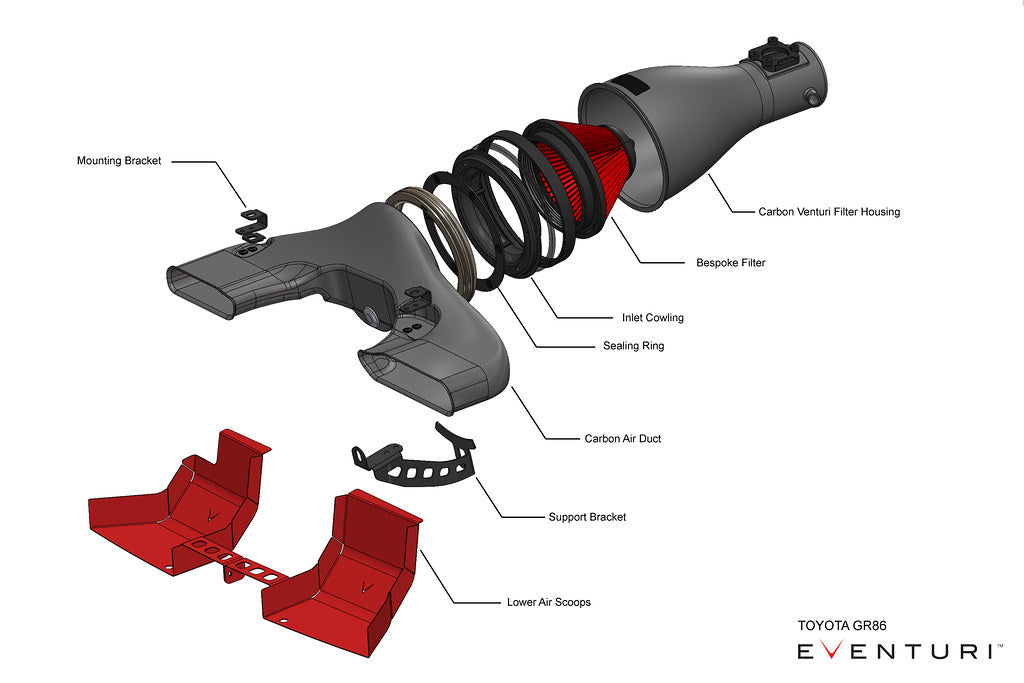 Exploded view of Eventuri Toyota GR86 black carbon intake system showcasing performance air intake components.
