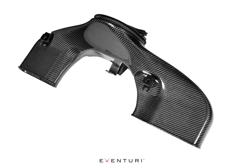 Eventuri Toyota GR86 black carbon intake system with inlet duct, showcasing high-performance automotive airflow components.