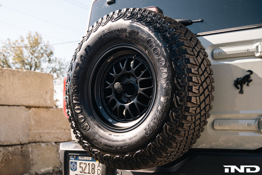 Ford Bronco Wildtrak BBS TS-C Flow-Formed Wheels in Satin Black, rear-mounted spare wheel