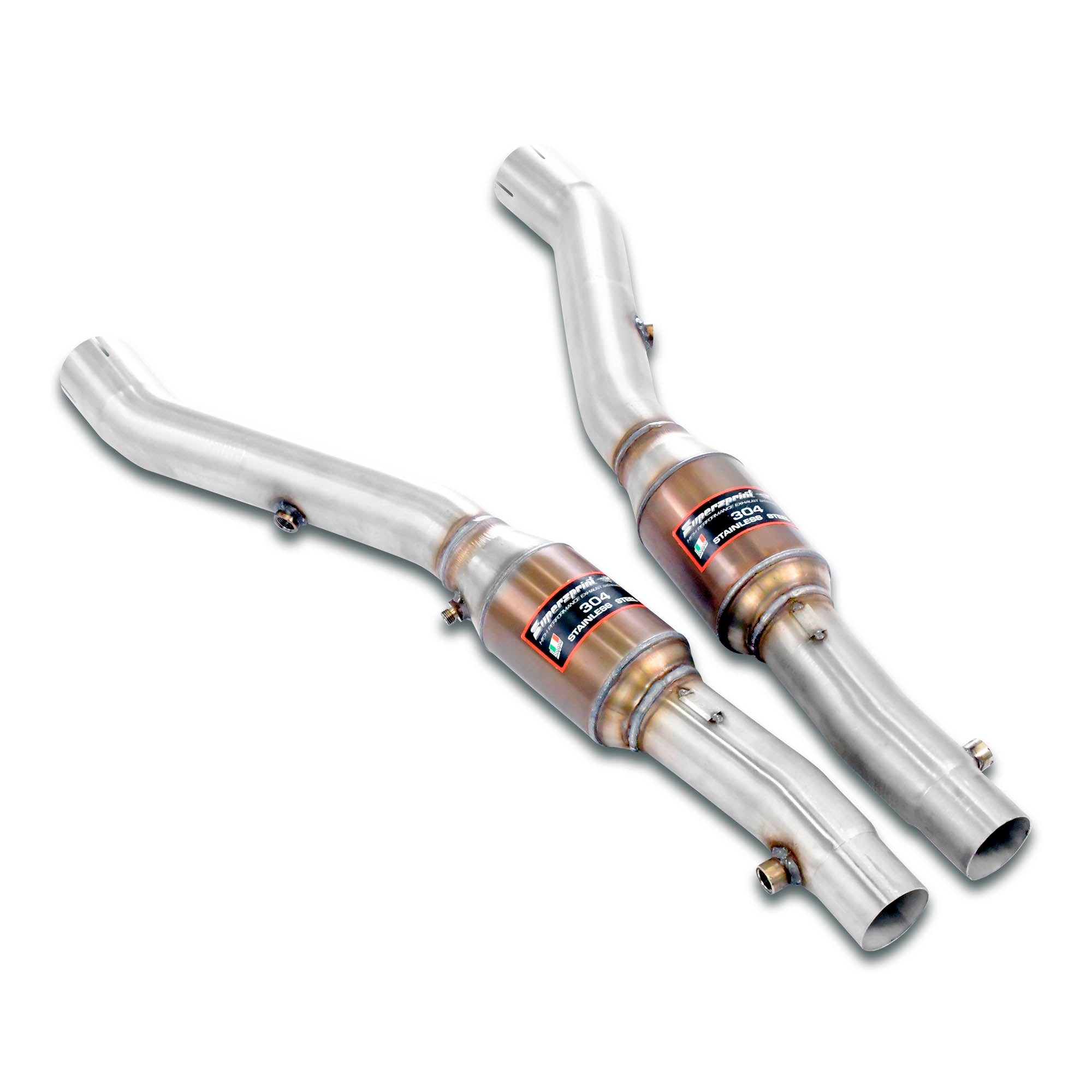 Supersprint BMW E39 M5 front exhaust pipe with metallic catalytic converters, showing the right and left sections of the pipe.