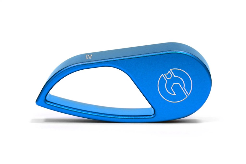 Goldenwrench BMW G-chassis M hood latch handle in blue finish white background