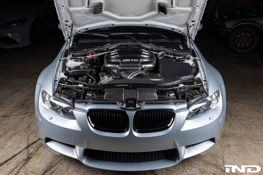 IND E9X M3 exterior gloss black front grille set installed on the vehicle, showcasing sleek, aerodynamic design and high-quality finish.