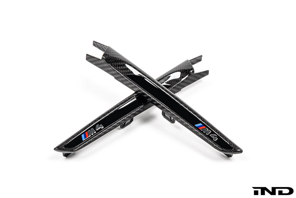 IND F8X M3 M4 Carbon Side Marker Set for exterior, featuring sleek white background and detailed view of carbon fiber markers.