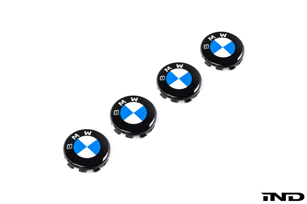 IND Gloss Black Wheel Center Cap Set for BMW, 56mm size, featuring Next Dark design on a white background.