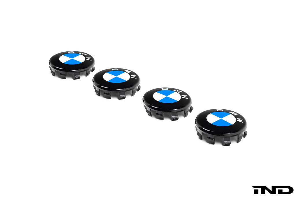 IND Gloss Black Wheel Center Cap Set for BMW, 56mm diameter, with next dark design and white background.
