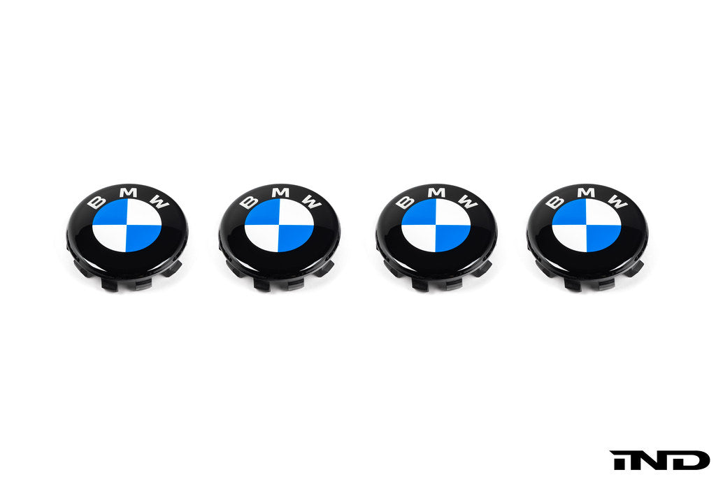 IND gloss black BMW 56mm wheel center cap set Next Dark design on white background
