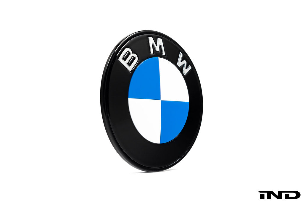 IND gloss black BMW iX3 NA5 Next Dark roundel set front and rear emblems on white background
