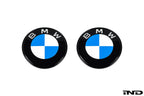 IND gloss black BMW iX3 NA5 Next Dark roundel set front and rear emblems on white background