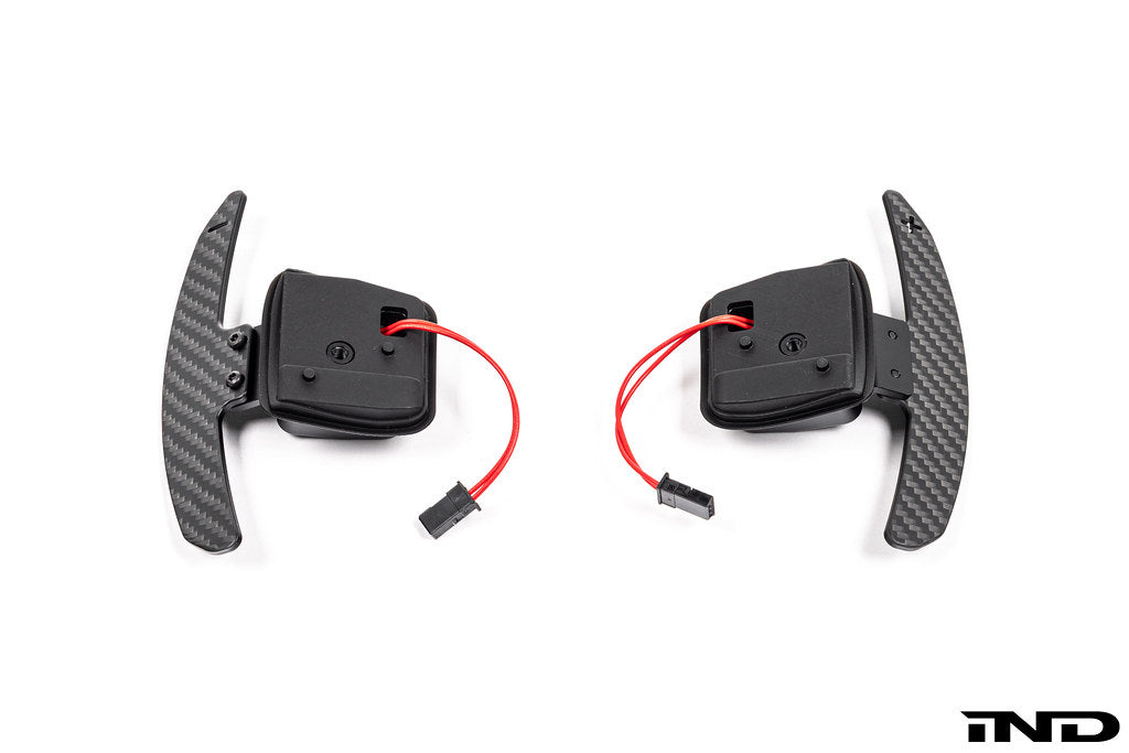BMW E-Chassis Clubsport magnetic shift paddle set by JQ Werks, carbon fiber and billet aluminum interior racing accessories.